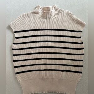 MEROKEETY MOCK NECK CAP SLEEVE STRIPED RIBBED TANK TOP